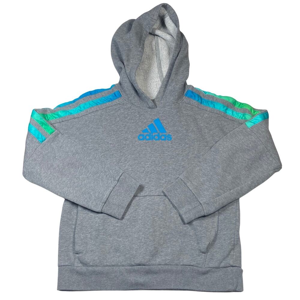 Adidas Pullover Girls Medium 10-12 Years Gray Striped Hooded Sweatshirt Big Logo